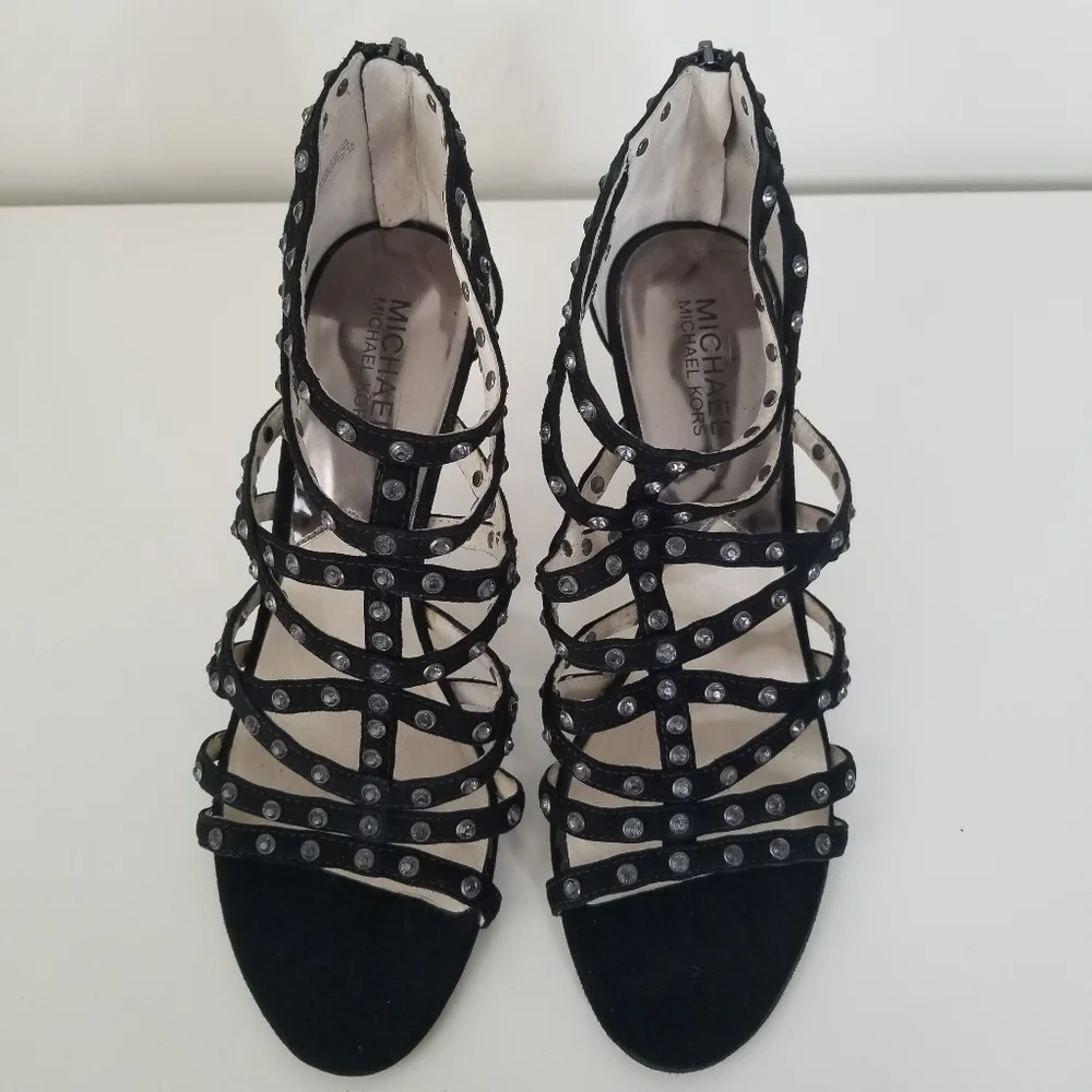Michael Michael Kors Maddie Jeweled T-Strap Suede Peep Toe Heels Black Size 9